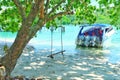 A tree and swing rope on the beach and the speedboat Royalty Free Stock Photo