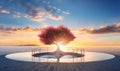 A tree in the symbolic shape of a heart stands on the shore of the ocean. Royalty Free Stock Photo