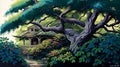 Tree-top Haven: A Serene Arborist\'s Refuge in the Style of David Nakayama, Made with Generative AI