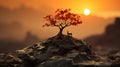a tree on top of a rock with the sun setting in the background Royalty Free Stock Photo
