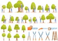 Tree trimming icons set cartoon vector. Tree chainsaw