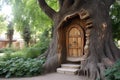 tree trunk with carved door leading to a garden