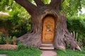 tree trunk with carved door leading to a garden