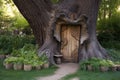 tree trunk with carved door leading to a garden