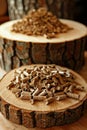 Tree trunk close up with wood pellet in foreground representing transformation journey Royalty Free Stock Photo