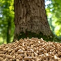 Tree trunk close up with wood pellet in foreground representing transformation process Royalty Free Stock Photo