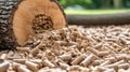 Tree trunk close up with wood pellet in foreground symbolizing transition from tree to pellet Royalty Free Stock Photo