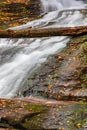 Tree trunk crosses the waterfall in autumn Royalty Free Stock Photo