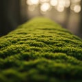 A tree trunk densely covered in vibrant green moss, creating a soft, plush texture. The Royalty Free Stock Photo