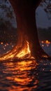 Tree trunk engulfed in flames by water at night, dramatic nature scene. Fire and water contrast concept Royalty Free Stock Photo