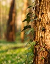 Tree trunk with the growing stem in green forest Royalty Free Stock Photo