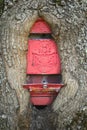 Tree trunk grown around a classic old style red mailbox Royalty Free Stock Photo