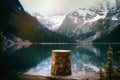 Tree Trunk Podium Against Backdrop Of Defocused Snowcapped Peaks And Serene Lake. Empty Display Case For A Cosmetic Or Food