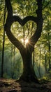 a tree with a trunk in the shape of a heart, in the midst of a forest, light filtering through the trees Royalty Free Stock Photo