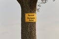 Tree trunk with sign Bees warning
