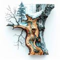 Tree Trunk with Snow and Winter Forest on White Background Artwork Royalty Free Stock Photo