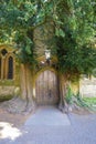 Tree trunks flanking historic church door Royalty Free Stock Photo