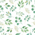 Tree twigs with leaves watercolor raster seamless pattern