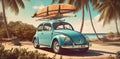 vacation beach summer road travel car vintage tropical trip retro. Generative AI. Royalty Free Stock Photo