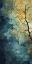 Tree In Watercolor On Blue And Gold Background