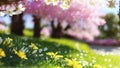 Tree with white petal flowers and yellow petal flowers among grass with sky and pink flower trees in background Royalty Free Stock Photo