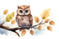 Tree wildlife animal watercolor art owl design nature illustration bird wild cute Royalty Free Stock Photo