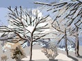 tree in winter snow and sunshine background, line art drawing Royalty Free Stock Photo