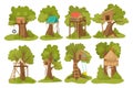 Tree wood houses for children playground with ladder, swing and flip-flap to play for kids outdoor flat vector Royalty Free Stock Photo