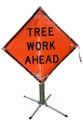 TREE WORK AHEAD signahead, alert, industrial, isolated, landscaping, neighborhood, orange, orange sign, road, safety, sign, street Royalty Free Stock Photo