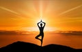 Tree yoga pose, woman silhouette on a cliff meditation at sunset Royalty Free Stock Photo