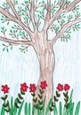 Tree with flowers - hand drawn illustration, simple drawing