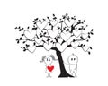 Tree illustration with frame in shape of a heart and kids cartoon silhouettes Royalty Free Stock Photo