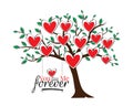 Tree illustration in spring with red hearts. vector. You and me forever. Romantic love wording design, lettering. Wall art Royalty Free Stock Photo