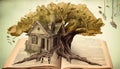 a treehouse built around a giant book. Generative ai
