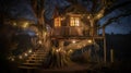 Treehouse in evening with fairylights Royalty Free Stock Photo