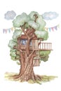 Treehouse forest nature watercolor illustration hand drawn patern seamless Royalty Free Stock Photo