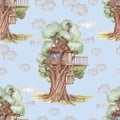 Treehouse forest nature watercolor illustration hand drawn patern seamless Royalty Free Stock Photo