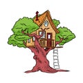 Treehouse, hut on tree with ladder for kids