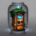 Treehouse inside a glass bottle . Concept of protection, security, insurance. Digital illustration. CG Artwork