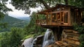 Treehouse Overlooking Waterfall and Mountainous Landscape Royalty Free Stock Photo