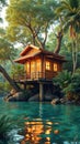 Treehouse retreat by serene tropical lake at sunset with lush foliage Royalty Free Stock Photo