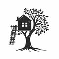 Charming treehouse with ladder, black vector illustration fairytale dream silhouette Royalty Free Stock Photo