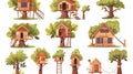 Treehouses, summer houses, wood buildings with ladders, holiday shelters in branches of trees. Modern flat illustrations