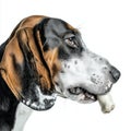 Treeing Walker Coonhound is engaged in chewing bone its expressive face visible from side view. clean white Royalty Free Stock Photo