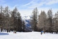 Treelined ski slope with background mountain in sunny Italian winter sports resort Royalty Free Stock Photo