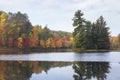 Trees in autumn color on a lake with a small island on an overcast morning