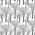 Trees and birds. Nature seamless pattern. Forest background. Royalty Free Stock Photo