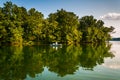 Trees and boat reflecting in Loch Raven Reservoir, near Towson, Royalty Free Stock Photo