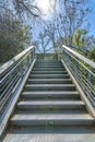 Trees and bright sun against blue sky viewed from the bottom of a stairway Royalty Free Stock Photo