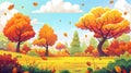 Trees, bushes, grass, leaves and falling orange leaves in an autumn forest landscape. Countryside panorama with trees Royalty Free Stock Photo